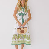 Azura Palm Print V-Neck Belted Dress - Green