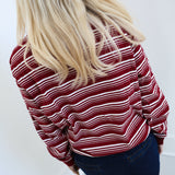 Riley Striped Polo Long Sleeve Top - Burgundy