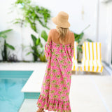 Polly Strapless Bubble Sleeve Maxi Dress - Pink Palm