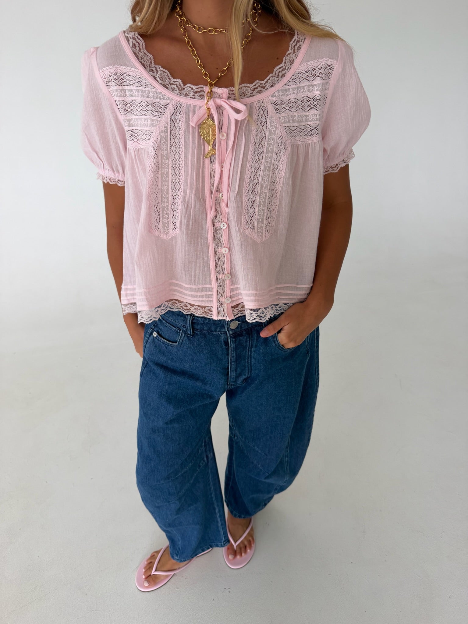 Jenny Lace Trim Cropped Blouse- Baby Pink
