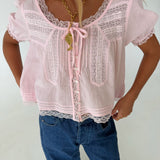 Jenny Lace Trim Cropped Blouse- Baby Pink