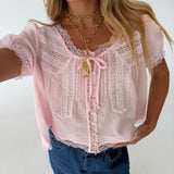Jenny Lace Trim Cropped Blouse- Baby Pink