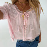 Jenny Lace Trim Cropped Blouse- Baby Pink