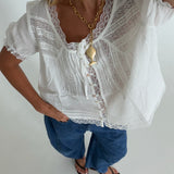 Olivia Lace Trim Cropped Blouse- White