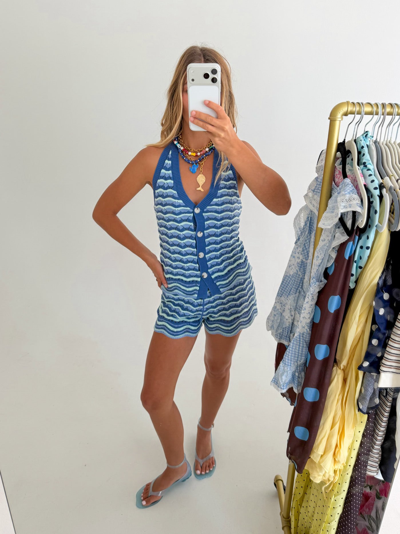 Millie Striped Knit Drawstring Shorts - Ocean