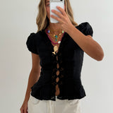 Lilly Lace Trim Puff Sleeves Top - Black