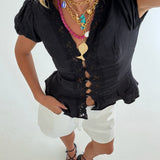 Lilly Lace Trim Puff Sleeves Top - Black