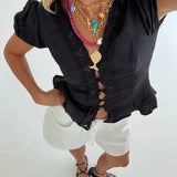 Lilly Lace Trim Puff Sleeves Top - Black