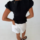 Lilly Lace Trim Puff Sleeves Top - Black