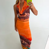 Anna Cowl Neck Mesh Top- Sunset
