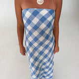 Avery Strapless Gingham Linen Maxi Dress- Blue