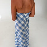Avery Strapless Gingham Linen Maxi Dress- Blue