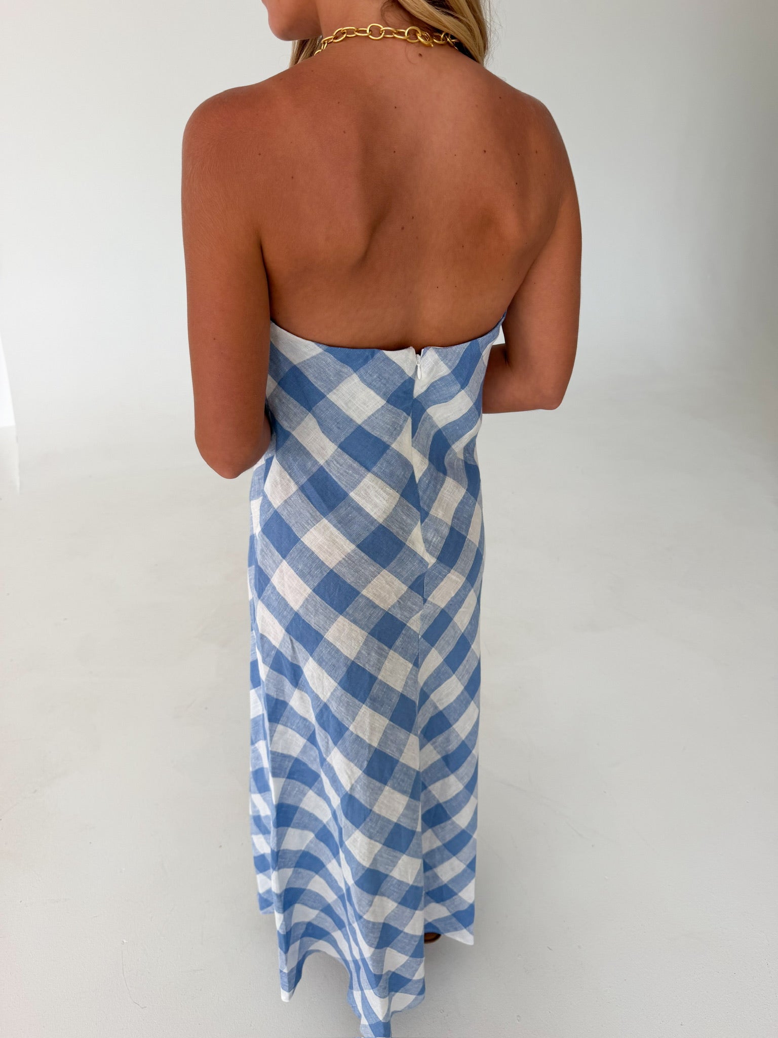 Avery Strapless Gingham Linen Maxi Dress- Blue