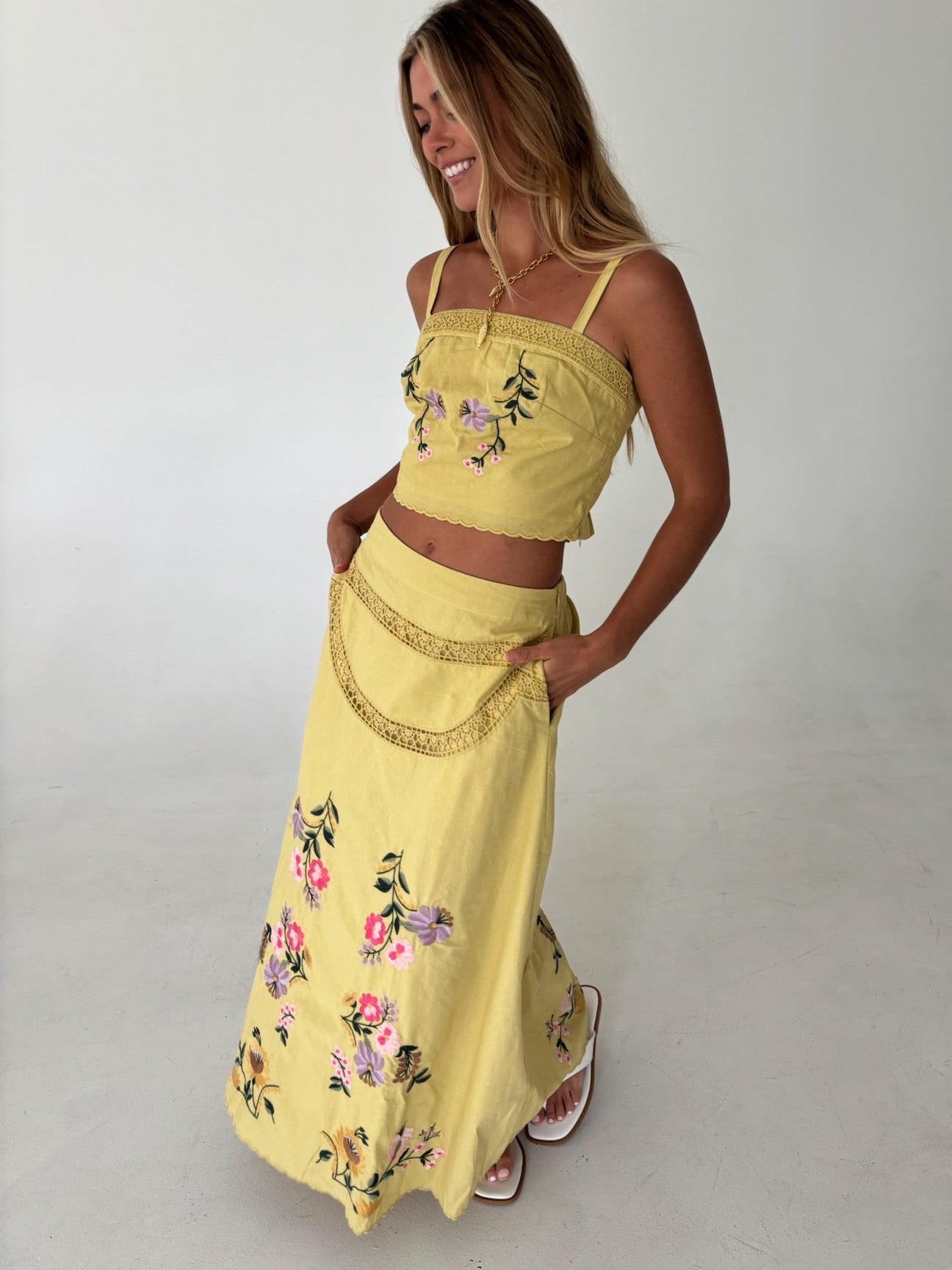 Hannah Embroidered Top and Skirt Set- Yellow Iris