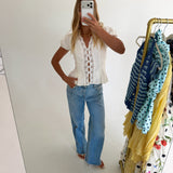 Mindi Lace Trim Puff Sleeves Top - White