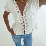 Mindi Lace Trim Puff Sleeves Top - White