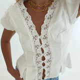 Mindi Lace Trim Puff Sleeves Top - White