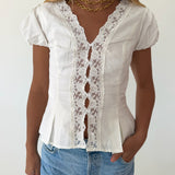 Mindi Lace Trim Puff Sleeves Top - White