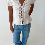 Mindi Lace Trim Puff Sleeves Top - White