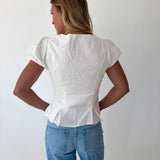 Mindi Lace Trim Puff Sleeves Top - White