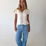 Mindi Lace Trim Puff Sleeves Top - White