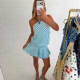 Zeela Polka Dot Halter Mini Dress - Lt Blue/Navy