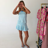 Zeela Polka Dot Halter Mini Dress - Lt Blue/Navy