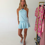 Zeela Polka Dot Halter Mini Dress - Lt Blue/Navy