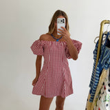 Riley Gingham Off The Shoulder Mini Dress - Red/White