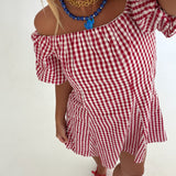 Riley Gingham Off The Shoulder Mini Dress - Red/White