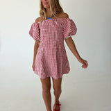 Riley Gingham Off The Shoulder Mini Dress - Red/White