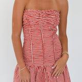 Kassie Checker Ruched Tube Mini Dress - Red Checker