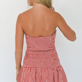 Kassie Checker Ruched Tube Mini Dress - Red Checker