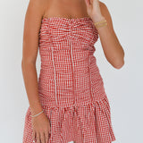 Kassie Checker Ruched Tube Mini Dress - Red Checker