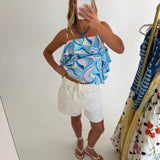 Marsha Satin Asymmetric Ruffle Top - Mermaid Paisley