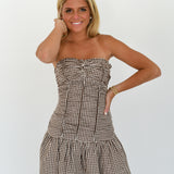 Charlie Checker Ruched Tube Mini Dress - Choco Checker