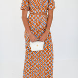 Callie Bubble Sleeve Maxi Skirt Set- Burnt Orange/Blue blockprint