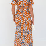 Callie Bubble Sleeve Maxi Skirt Set- Burnt Orange/Blue blockprint