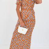 Callie Bubble Sleeve Maxi Skirt Set- Burnt Orange/Blue blockprint