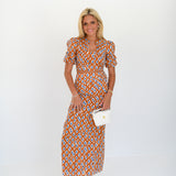 Callie Bubble Sleeve Maxi Skirt Set- Burnt Orange/Blue blockprint