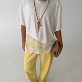 Bailey Knit Top w/ Asymmetrical Lace Contrast- Ivory