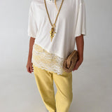 Bailey Knit Top w/ Asymmetrical Lace Contrast- Ivory