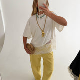Bailey Knit Top w/ Asymmetrical Lace Contrast- Ivory