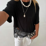 Kari Knit Top w/ Asymmetrical Lace Contrast- Jet Black