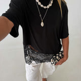 Kari Knit Top w/ Asymmetrical Lace Contrast- Jet Black