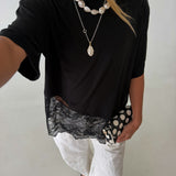 Kari Knit Top w/ Asymmetrical Lace Contrast- Jet Black