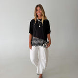 Kari Knit Top w/ Asymmetrical Lace Contrast- Jet Black