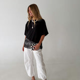 Kari Knit Top w/ Asymmetrical Lace Contrast- Jet Black