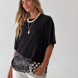 Kari Knit Top w/ Asymmetrical Lace Contrast- Jet Black