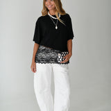 Kari Knit Top w/ Asymmetrical Lace Contrast- Jet Black